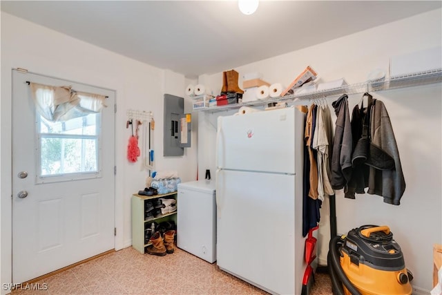 kitchen with white refrigerator, fridge, and electric panel