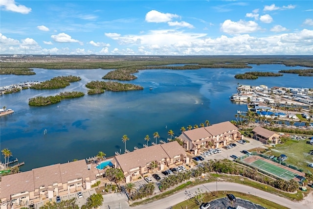 aerial view featuring a water view