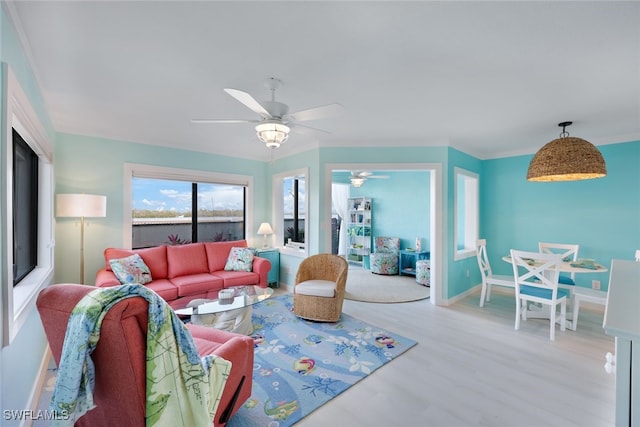 living room with crown molding, ceiling fan, and light hardwood / wood-style flooring