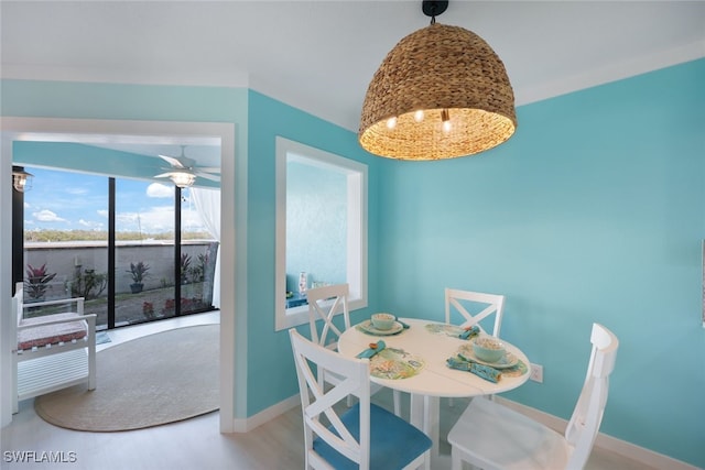 dining area with hardwood / wood-style floors and ceiling fan