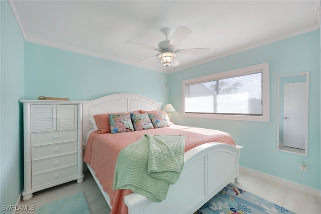 bedroom featuring crown molding and ceiling fan