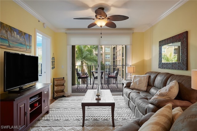 living room with ornamental molding and ceiling fan