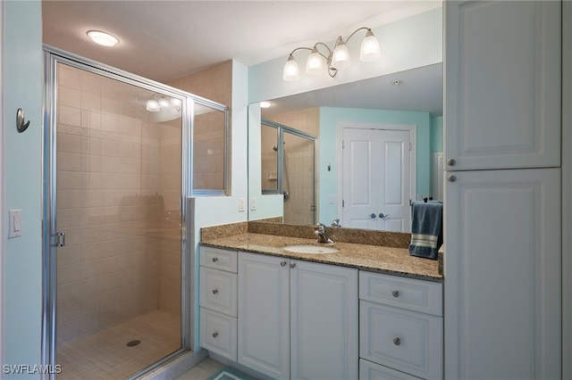 bathroom featuring a stall shower and vanity