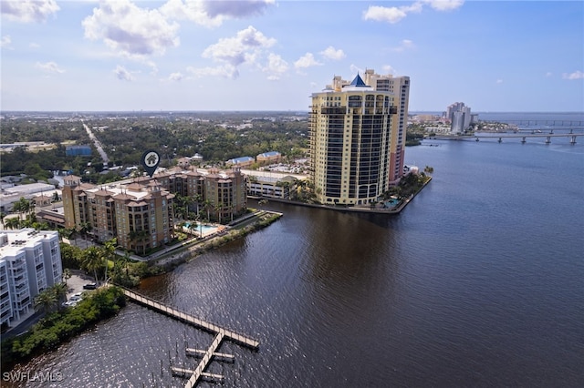 bird's eye view with a water view and a view of city