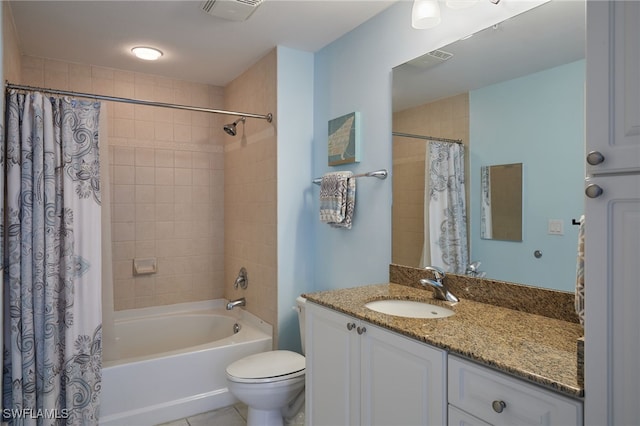 full bath with visible vents, vanity, shower / bathtub combination with curtain, and toilet