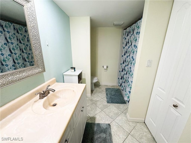 bathroom featuring vanity, toilet, and tile patterned flooring