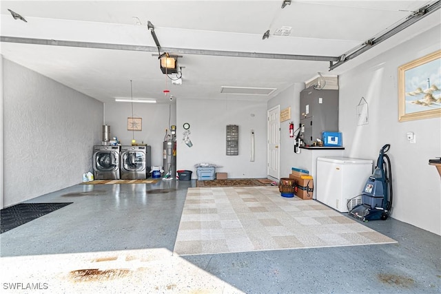 garage with a garage door opener, water heater, refrigerator, independent washer and dryer, and heating unit