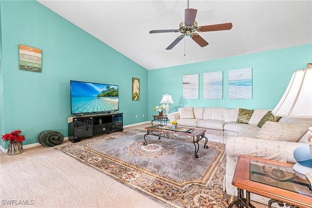 living room with vaulted ceiling, carpet, and ceiling fan