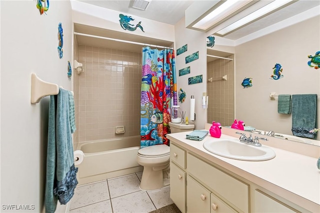 full bathroom featuring shower / bath combination with curtain, tile patterned floors, toilet, and vanity