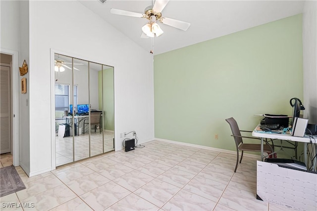 office area featuring high vaulted ceiling and ceiling fan