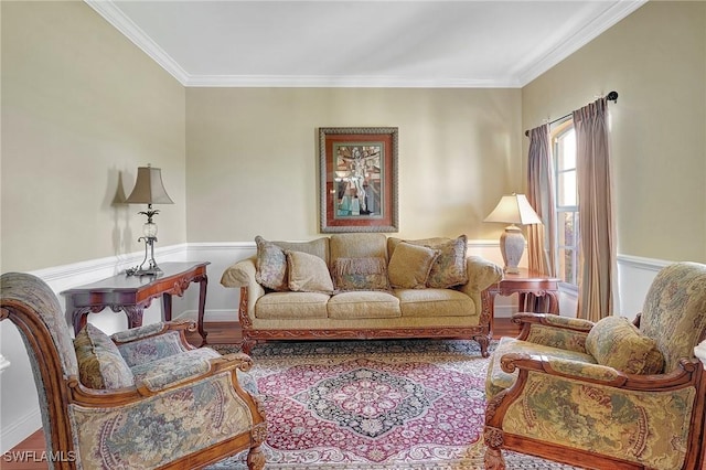 living room featuring hardwood / wood-style flooring and ornamental molding