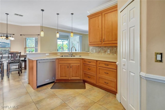 kitchen with hanging light fixtures, sink, stainless steel dishwasher, and kitchen peninsula