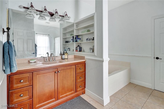 bathroom with tile patterned flooring, a tub to relax in, vanity, and built in features