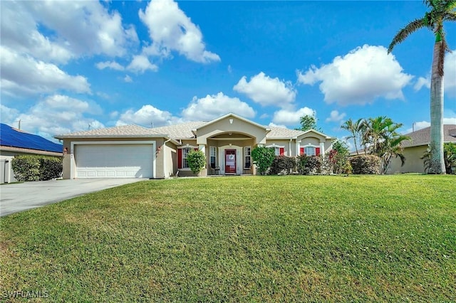 single story home with a garage and a front yard