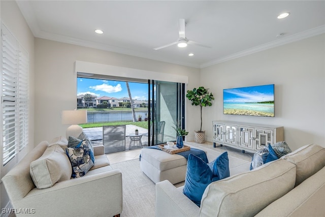 tiled living room with crown molding and ceiling fan