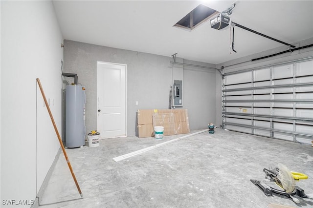 garage with a garage door opener, electric panel, and water heater