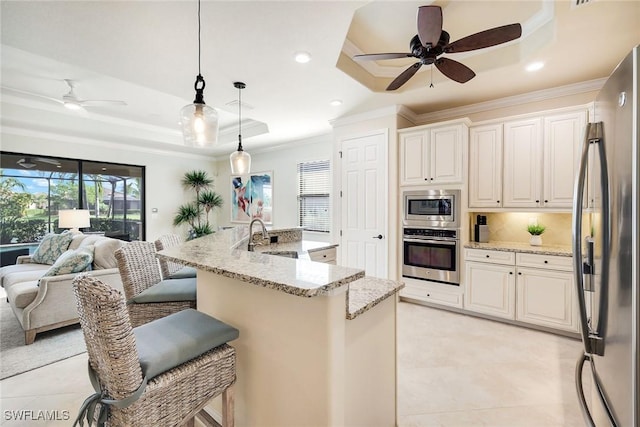 28131 Edenderry Ct, Bonita Springs, FL 34135 - kitchen featuring appliances with stainless steel finishes, crown molding, a tray ceiling, a ceiling fan, and open floor plan