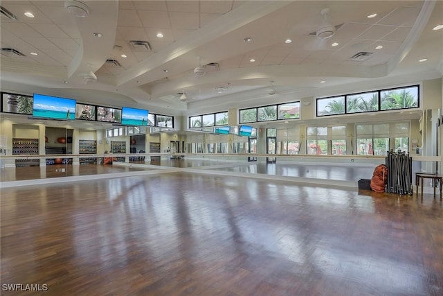 28131 Edenderry Ct, Bonita Springs, FL 34135 - exercise area with wood finished floors, recessed lighting, and a high ceiling