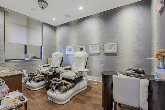 28131 Edenderry Ct, Bonita Springs, FL 34135 - miscellaneous room with wood finished floors, an office area, recessed lighting, and baseboards