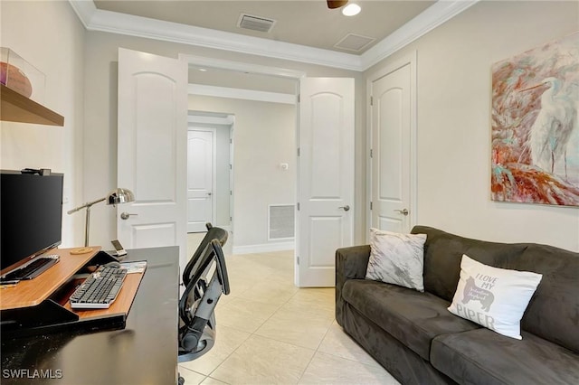 office space featuring ornamental molding and light tile patterned floors