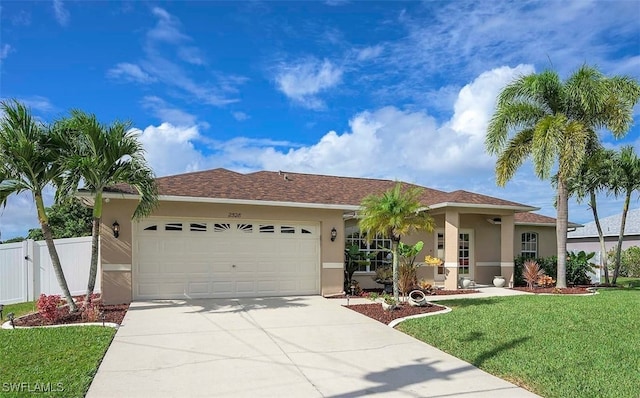 view of front of house with a garage and a front lawn