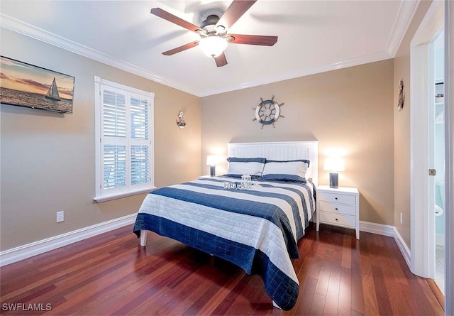 bedroom with dark wood-type flooring, ceiling fan, and ornamental molding