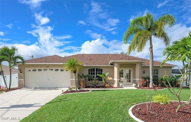 single story home featuring a garage and a front lawn