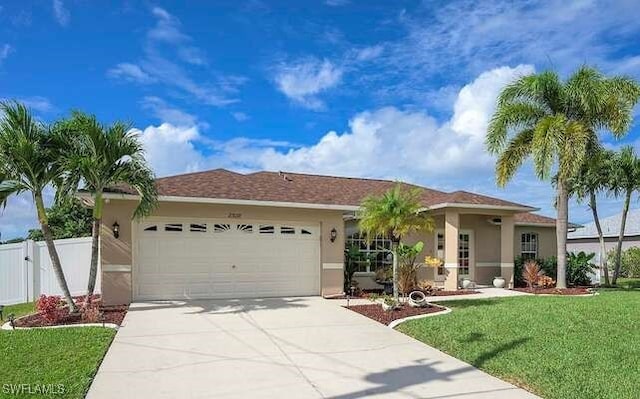 view of front of house featuring a garage and a front lawn