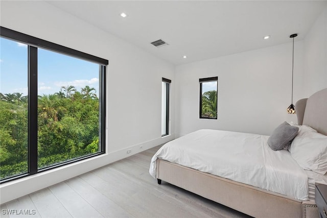 bedroom featuring multiple windows and light wood-type flooring