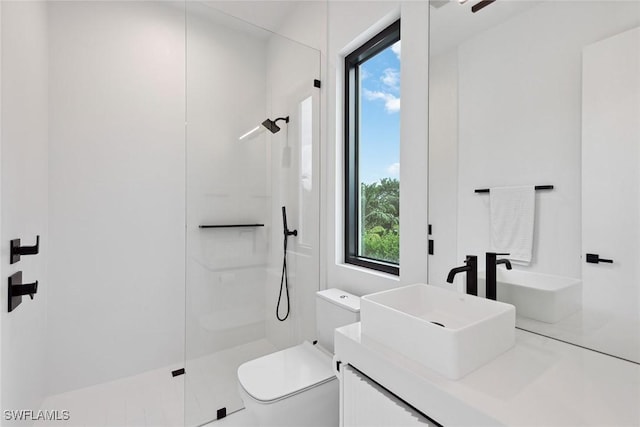 bathroom featuring vanity, toilet, and a shower