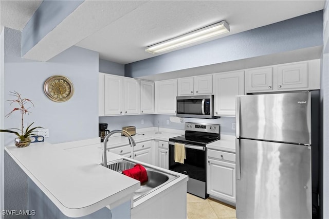 kitchen featuring white cabinetry, appliances with stainless steel finishes, kitchen peninsula, and sink