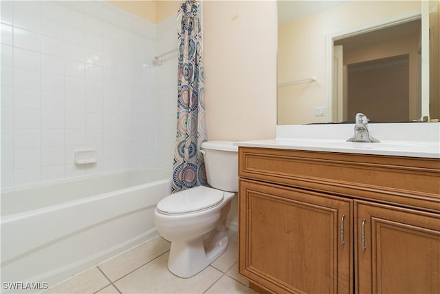 full bathroom with vanity, shower / bathtub combination with curtain, tile patterned floors, and toilet