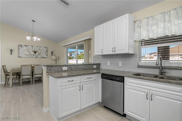 kitchen with white cabinetry, dark stone countertops, sink, and stainless steel dishwasher