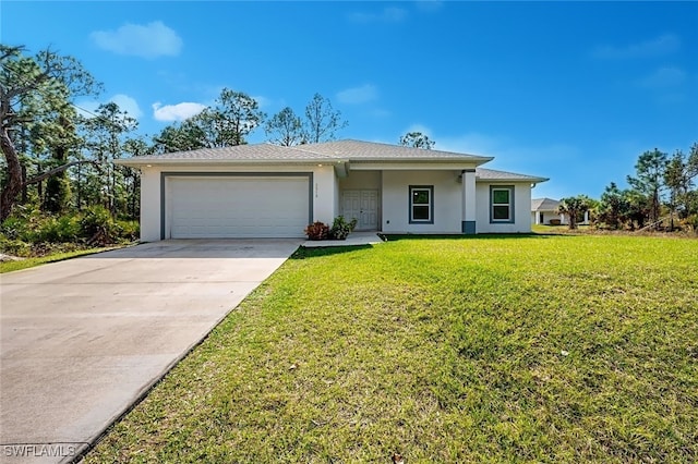 single story home with a garage and a front yard