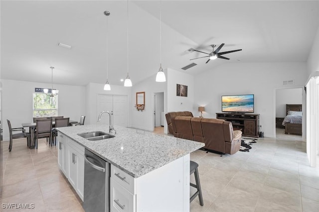 kitchen with sink, a center island with sink, hanging light fixtures, dishwasher, and white cabinets