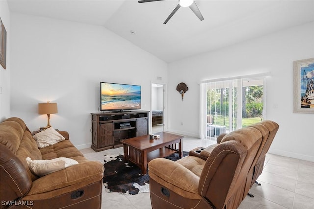 living room featuring high vaulted ceiling, light tile patterned floors, and ceiling fan