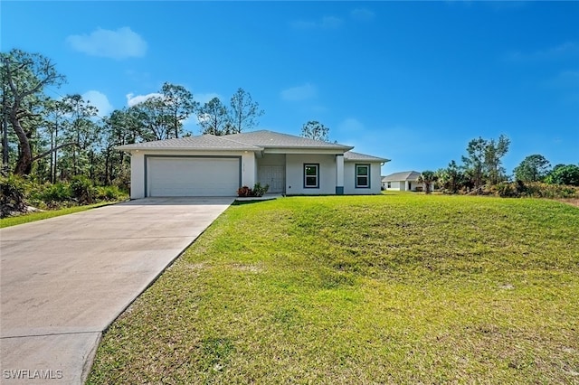 ranch-style home featuring a garage and a front yard