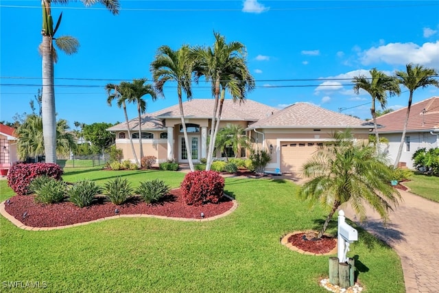 view of front of home featuring a garage and a front lawn