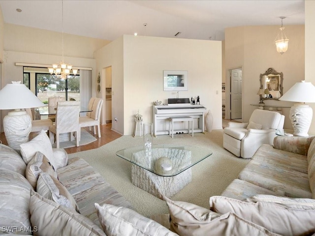 living room featuring an inviting chandelier