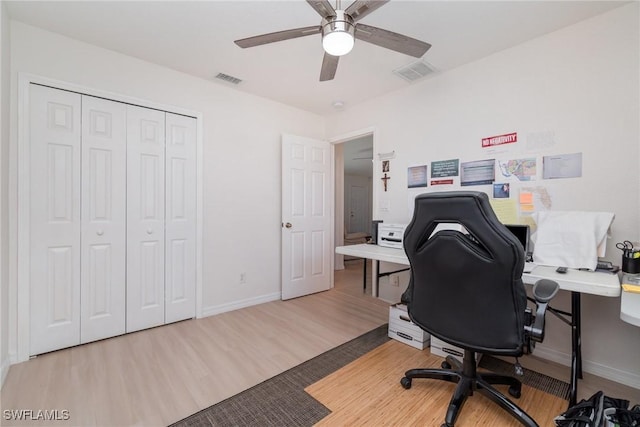 office space with wood-type flooring and ceiling fan