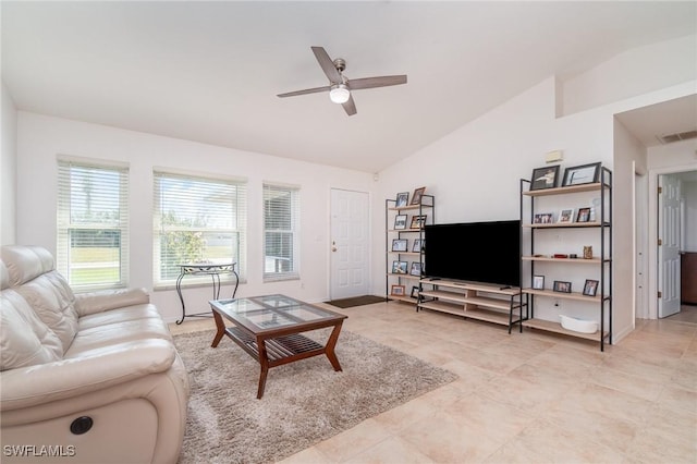 living room with vaulted ceiling and ceiling fan