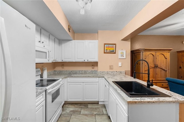 kitchen with white cabinetry, white appliances, kitchen peninsula, and sink