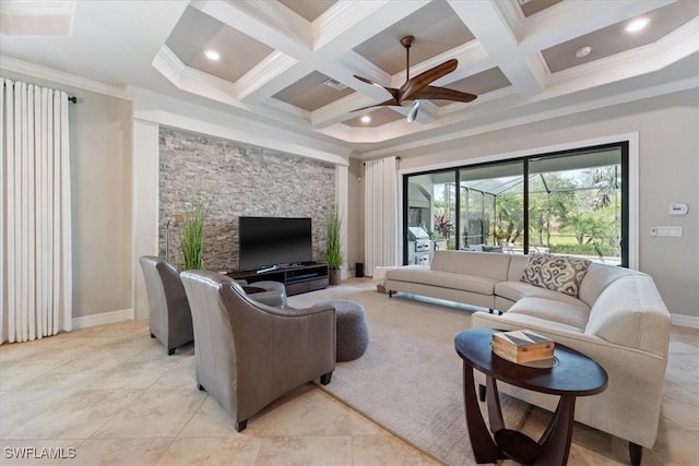 living room with beamed ceiling, ornamental molding, and coffered ceiling