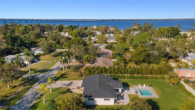 drone / aerial view featuring a water view