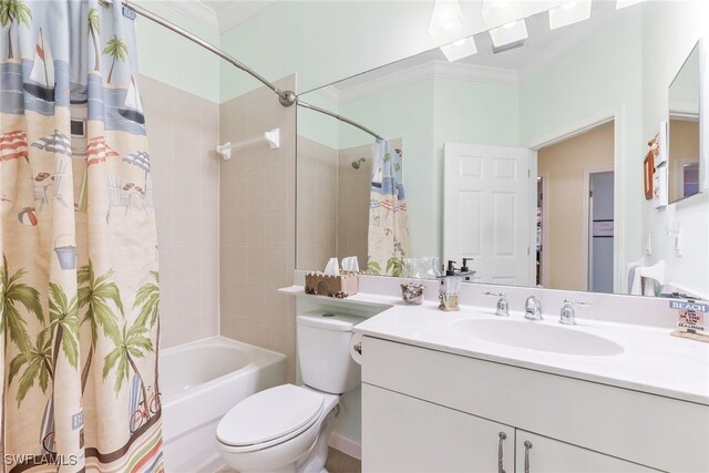 bathroom with ornamental molding, shower / tub combo, vanity, and toilet