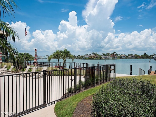 exterior space with a water view