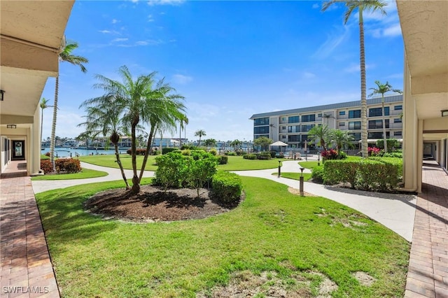 view of home's community with a water view and a lawn