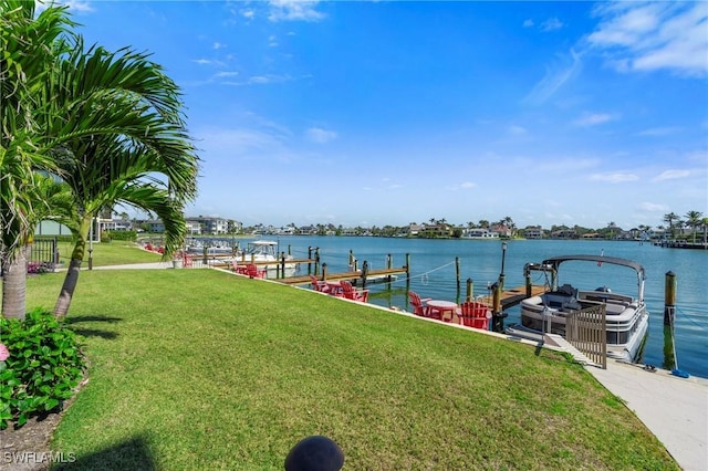 view of dock featuring a water view and a lawn