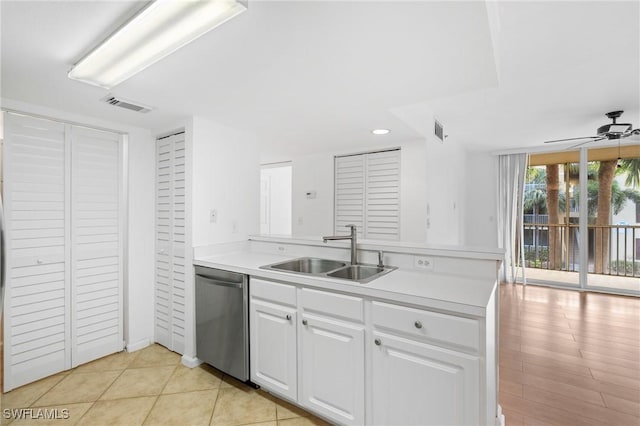 kitchen featuring visible vents, white cabinetry, a peninsula, a sink, and dishwasher