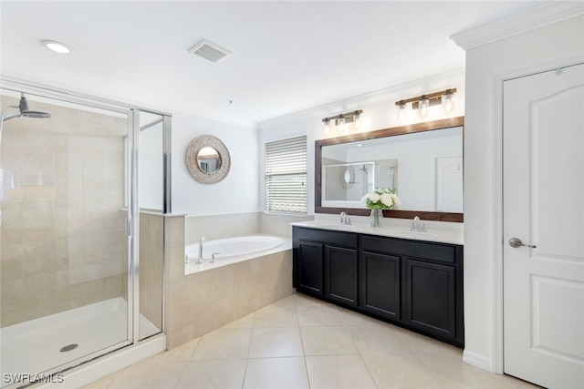 bathroom with ornamental molding, shower with separate bathtub, tile patterned floors, and vanity